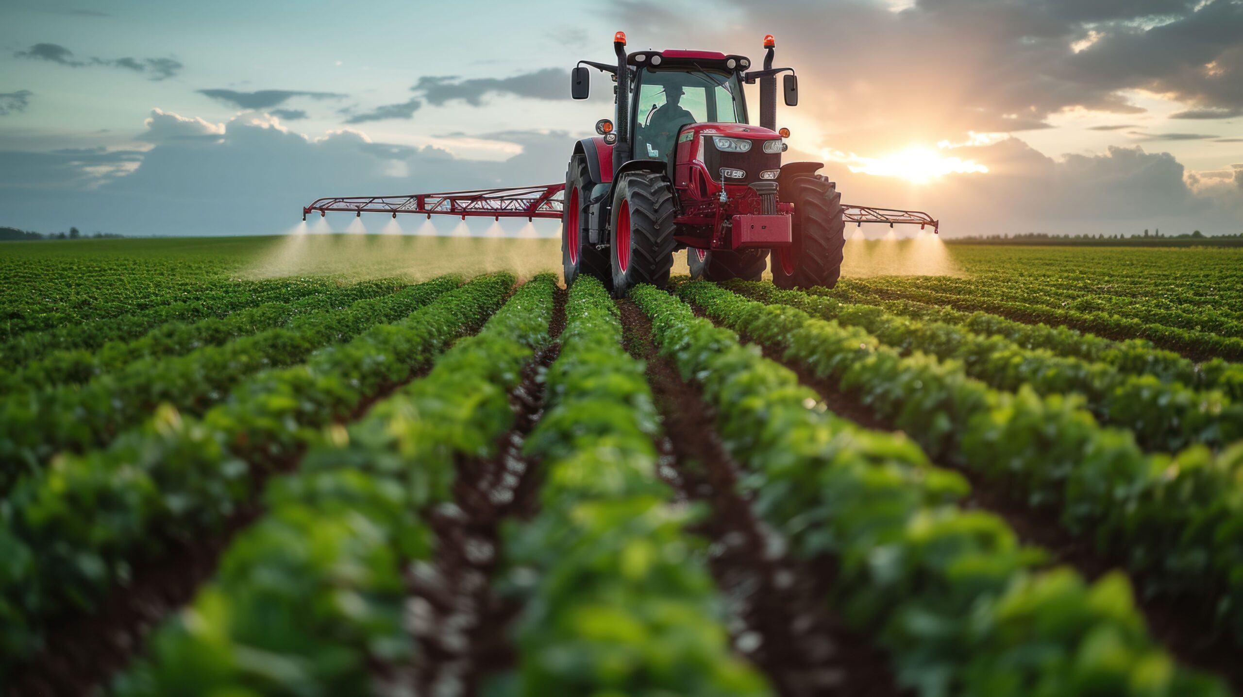 Ein Traktor beim Arbeiten auf einem Feld mit einem Fokus auf das Heckgerät