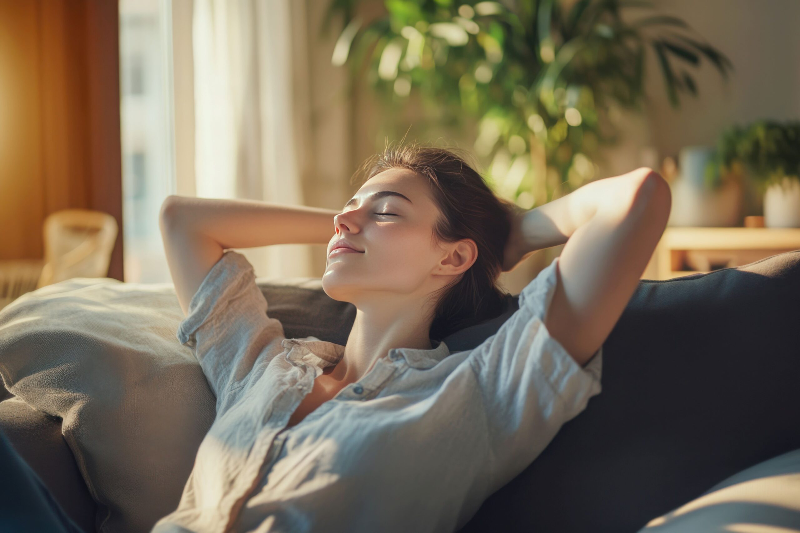 Frau entspannt auf dem Sofa nach einer Coaching-Sitzung