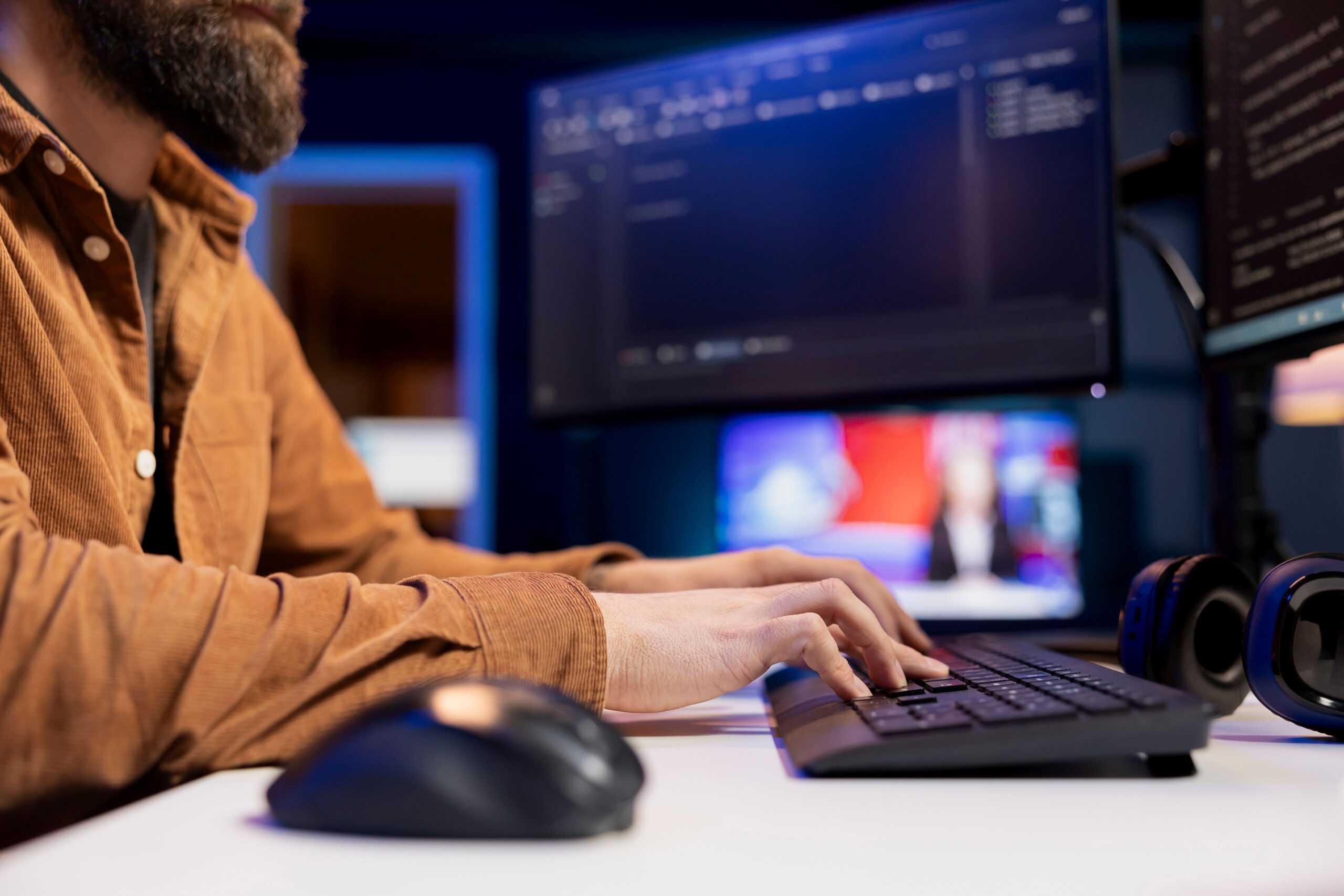 Mitarbeiter arbeitet an zwei Monitoren mit Software zur Fehlervermeidung im digitalen Zollprozess