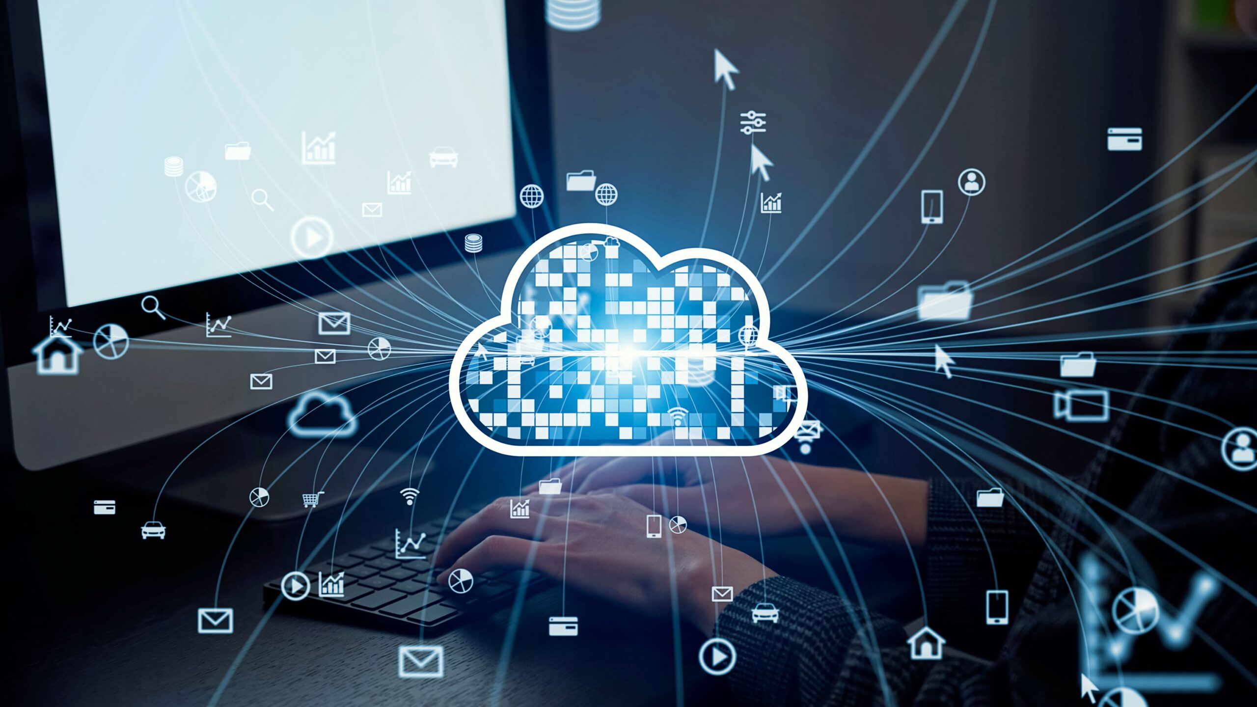 Digitale Cloud-Lösung mit vernetzten Symbolen als Darstellung moderner Tools für Zoll- und Logistikprozesse